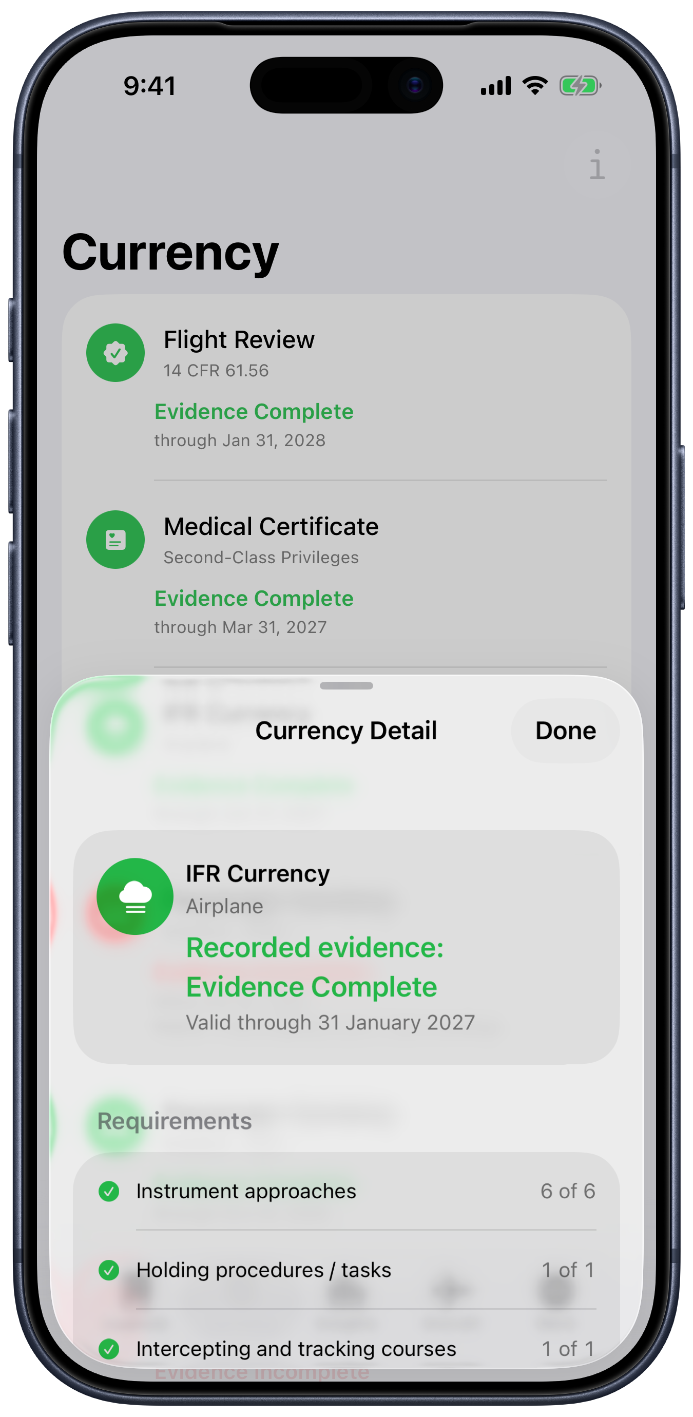 CAVOK currency screen showing flight review and certificate status