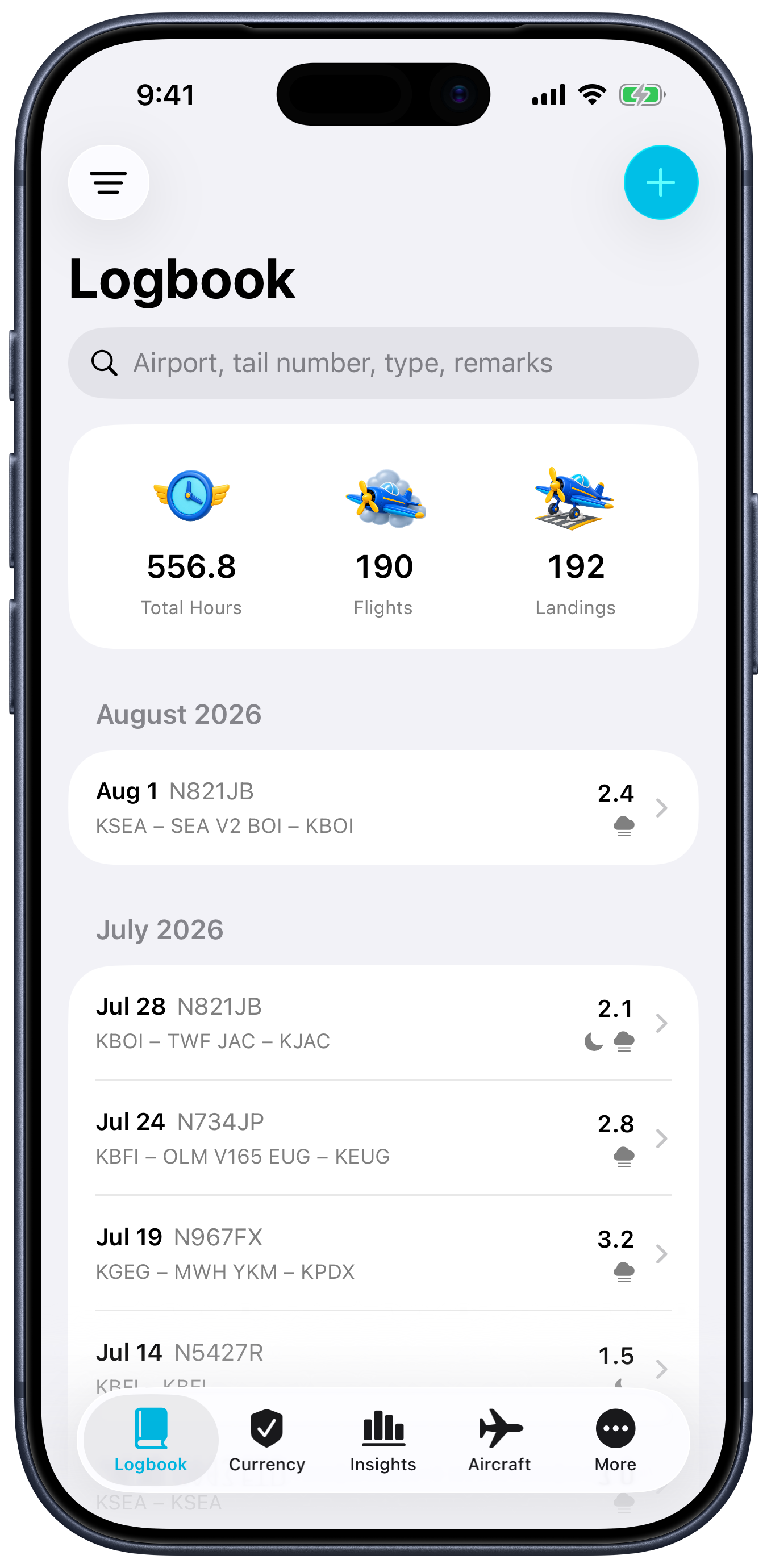 CAVOK logbook screen showing flight entries and totals